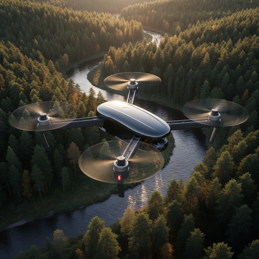 Image description: A top-down view of a forest drone being flown over a forest and river near sunset.