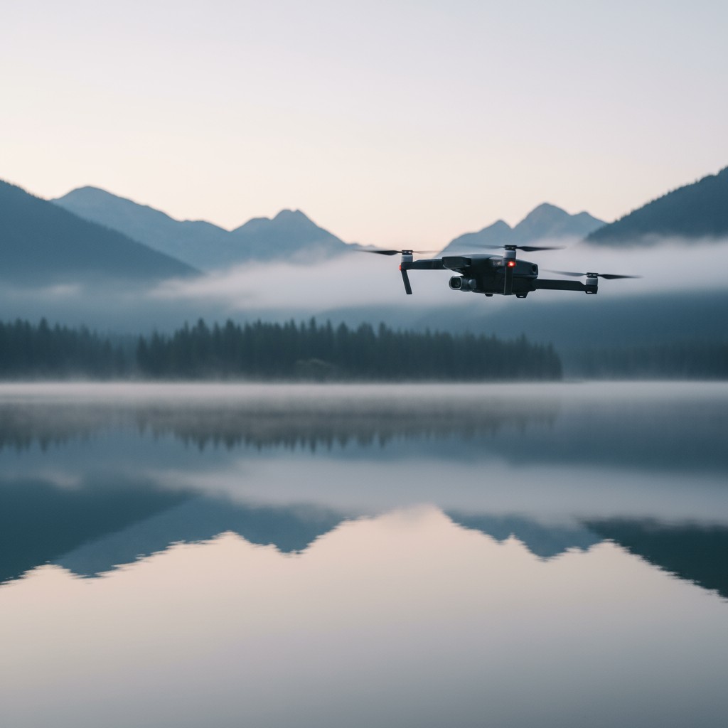 Un dron volando sobre un lago en medio de la niebla y una montaña en el fondo, probablemente during el amanecer.